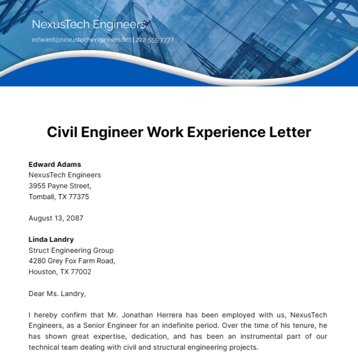 Civil Engineer Work Experience Letter Template