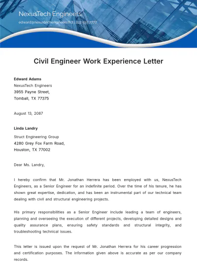 Free Civil Engineer Work Experience Letter Template to Edit Online