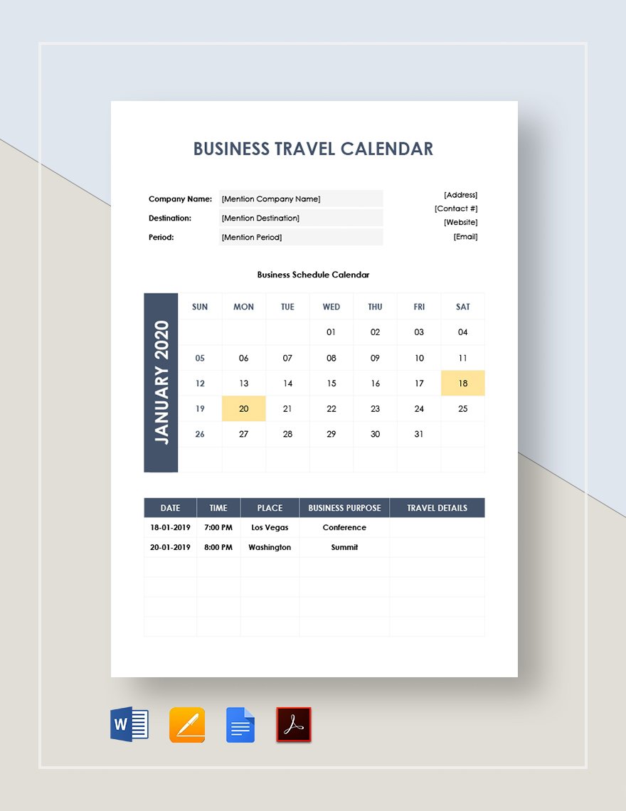 Business Travel Calendar Template