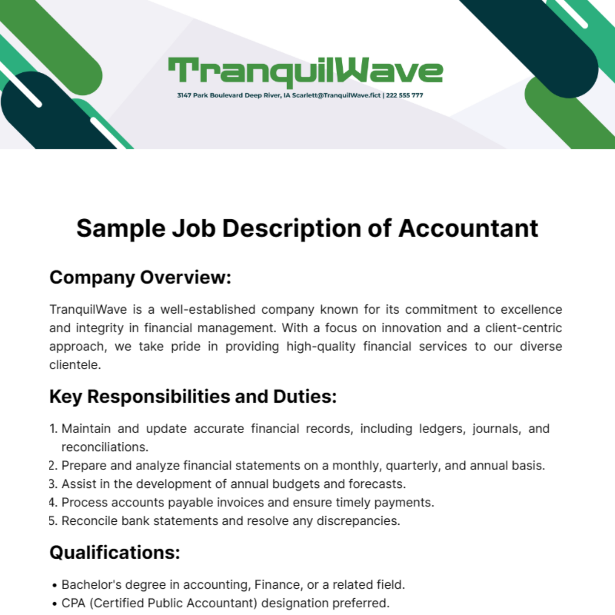 Sample Job Description for Accountant  Template