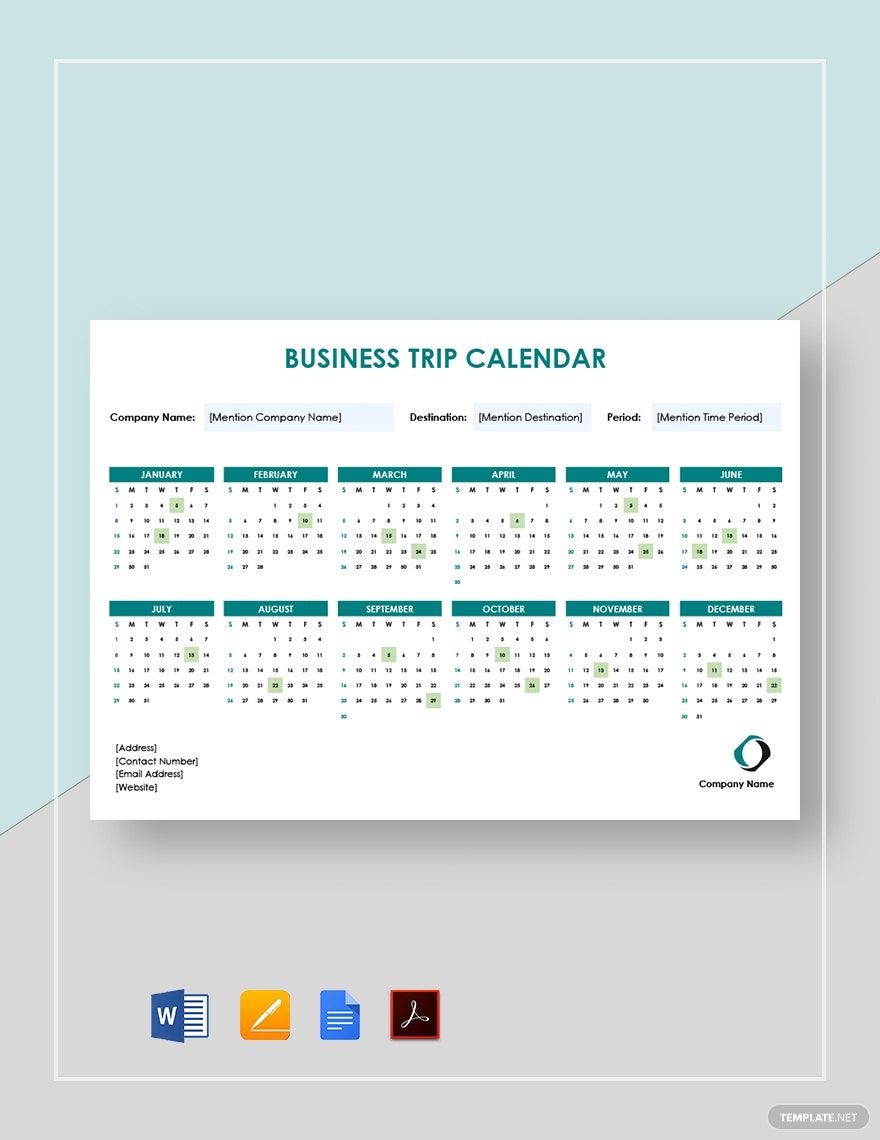 Business Trip Calendar Template in Word, Google Docs, PDF, Apple Pages