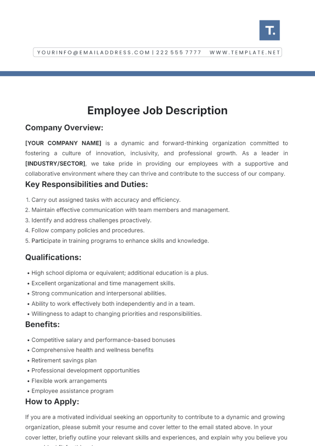 Employee Job Description Template