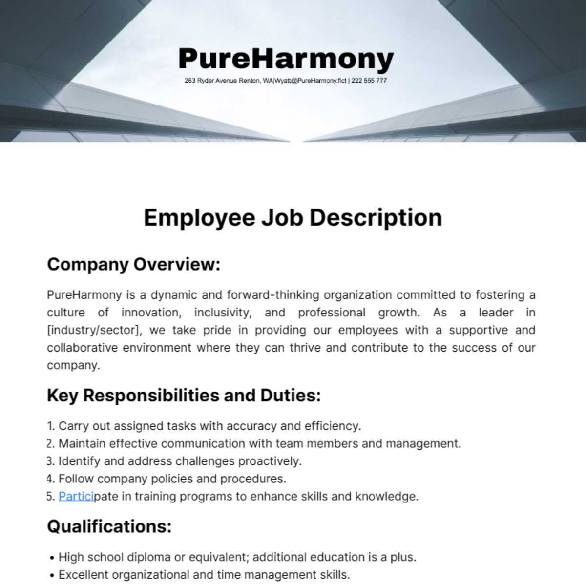 Employee Job Description Template