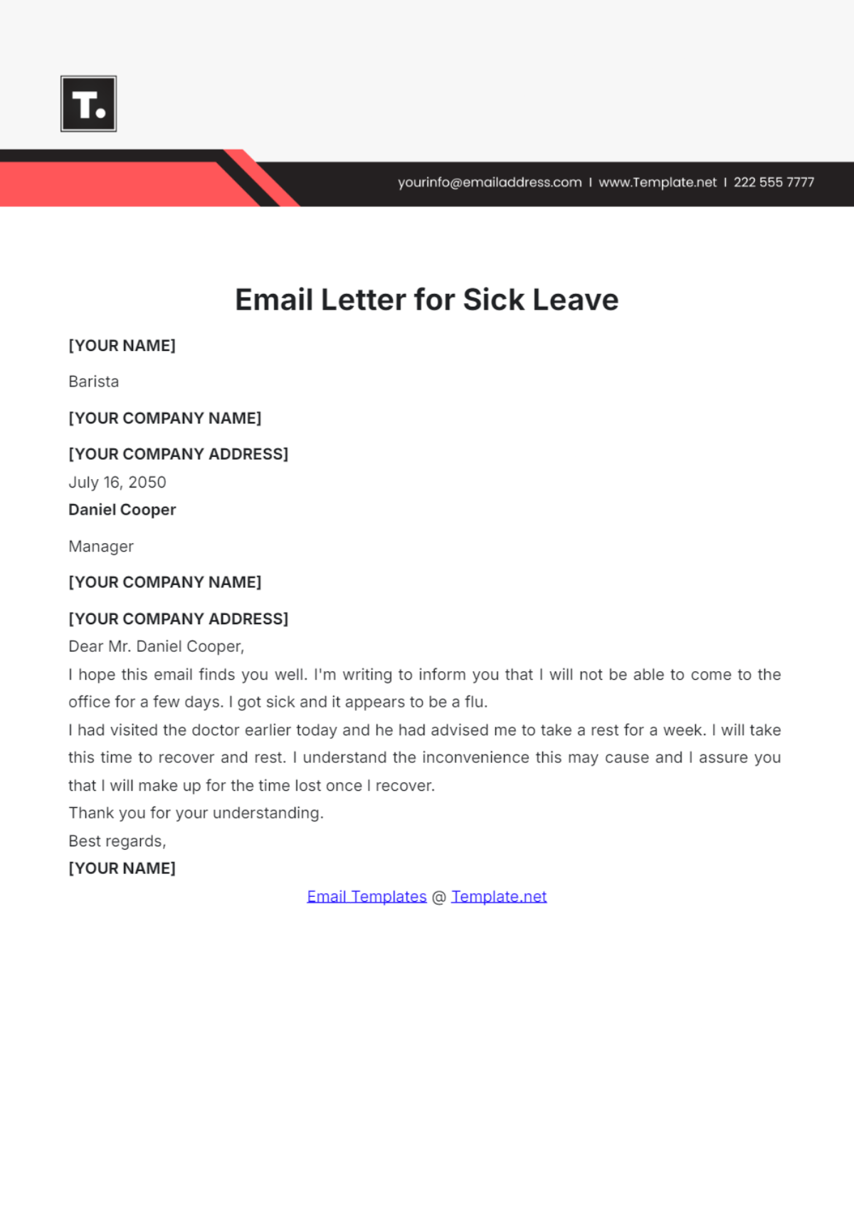 Email Letter for Sick Leave Template