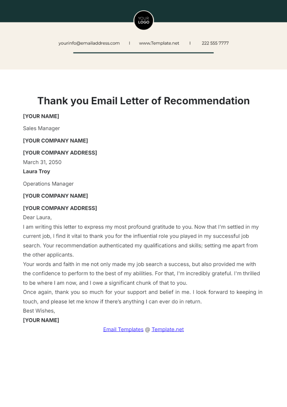 Thank you Email Letter of Recommendation Template