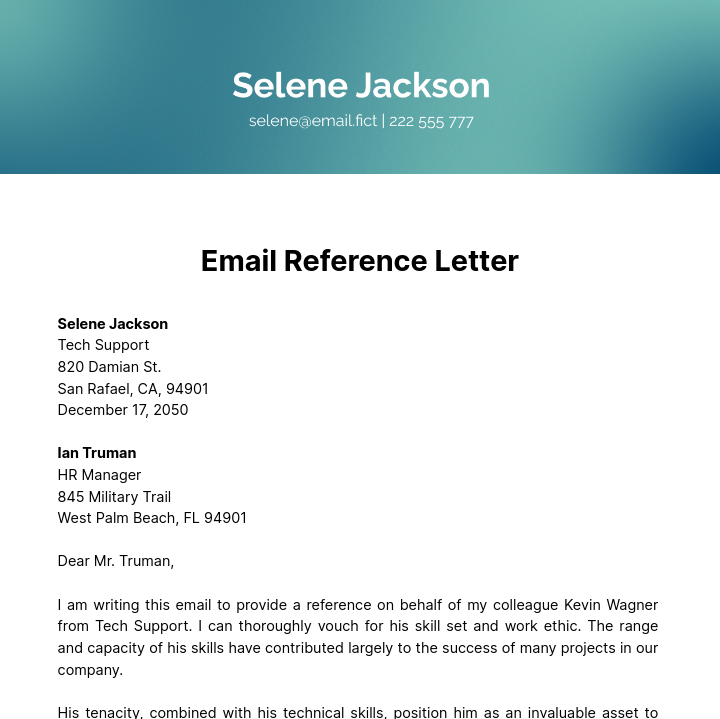 Email Reference Letter Template