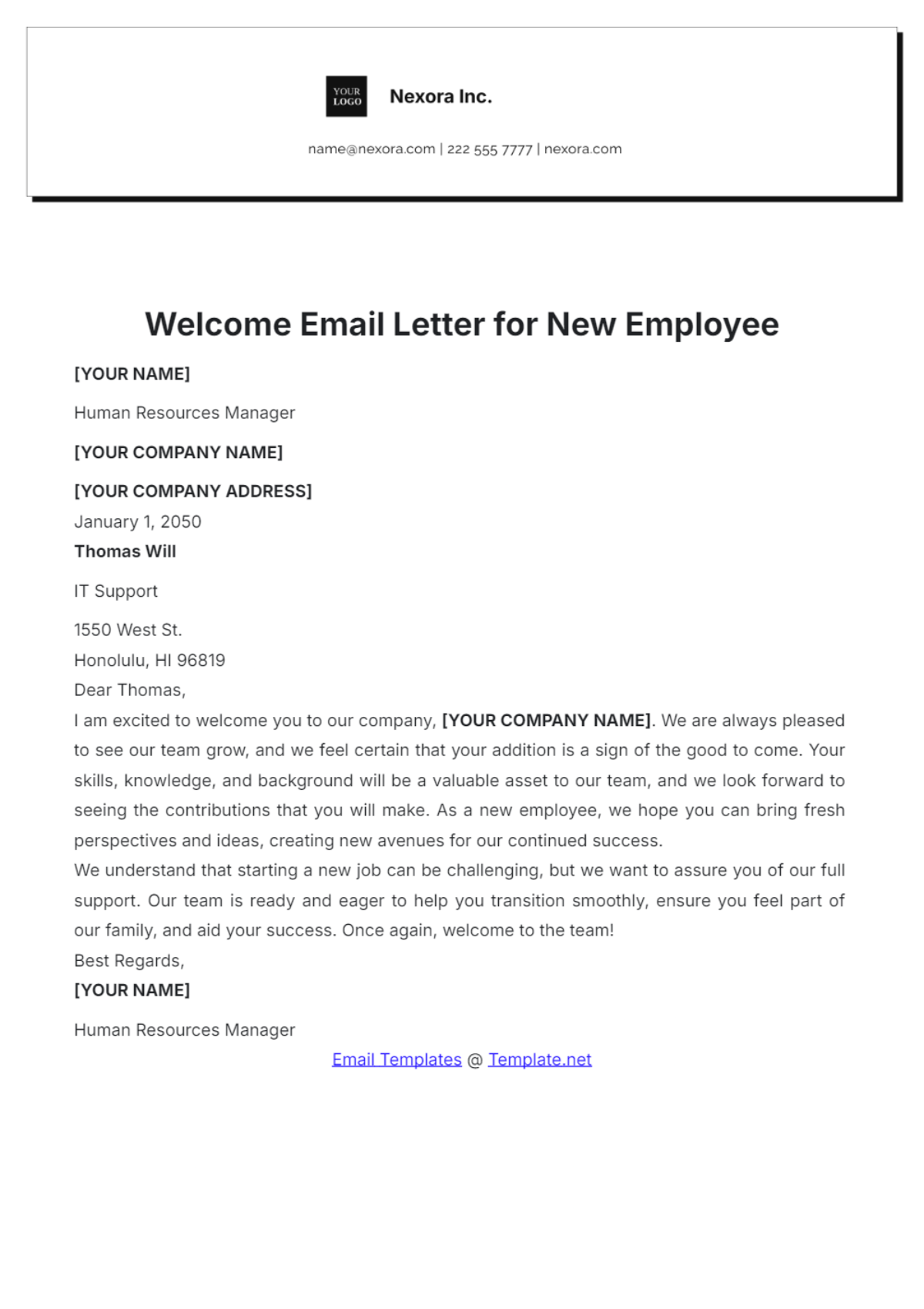 Welcome Email Letter for New Employee Template