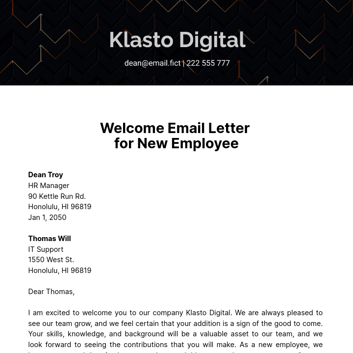 Welcome Email Letter for New Employee Template