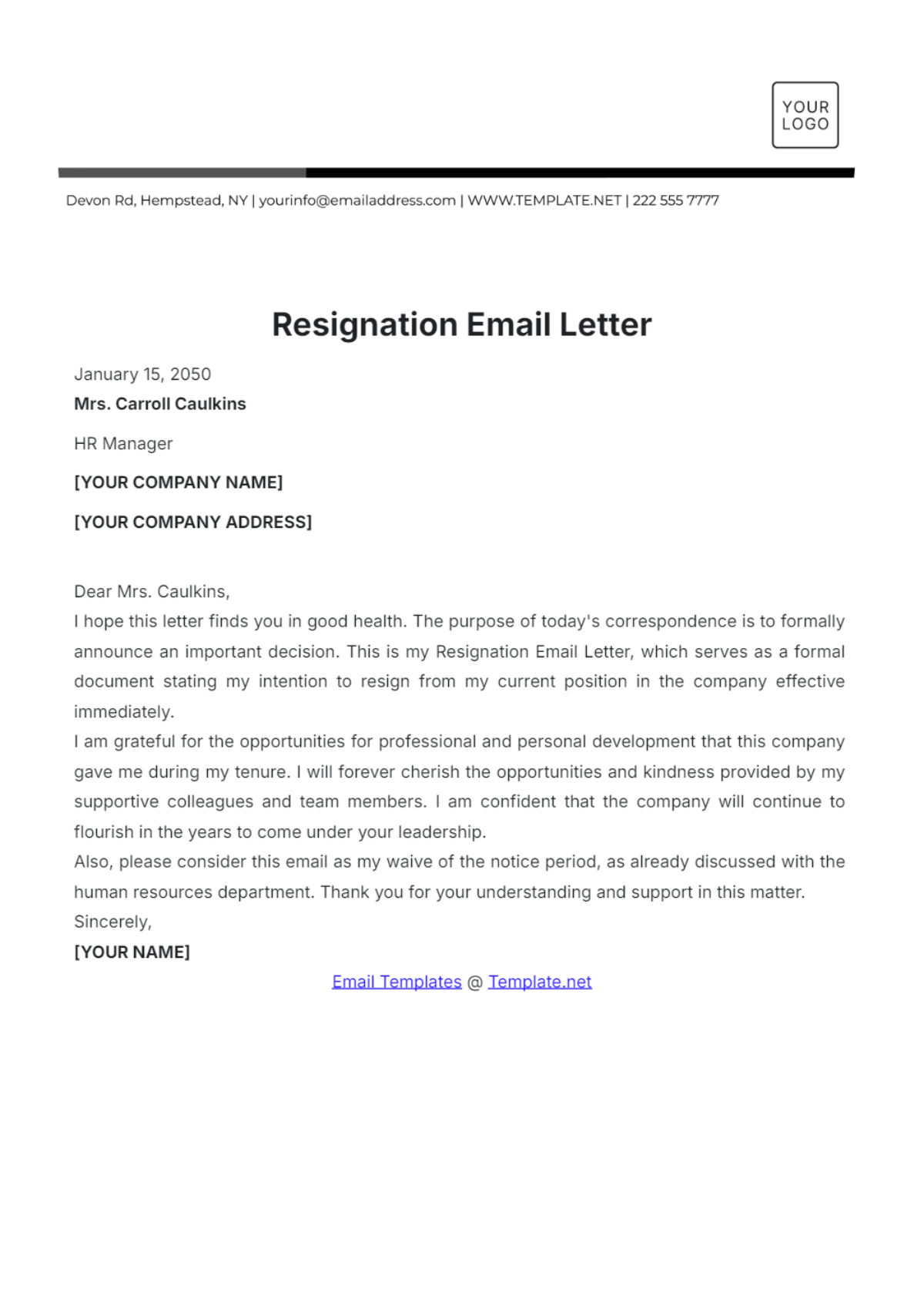 Resignation Email Letter Template