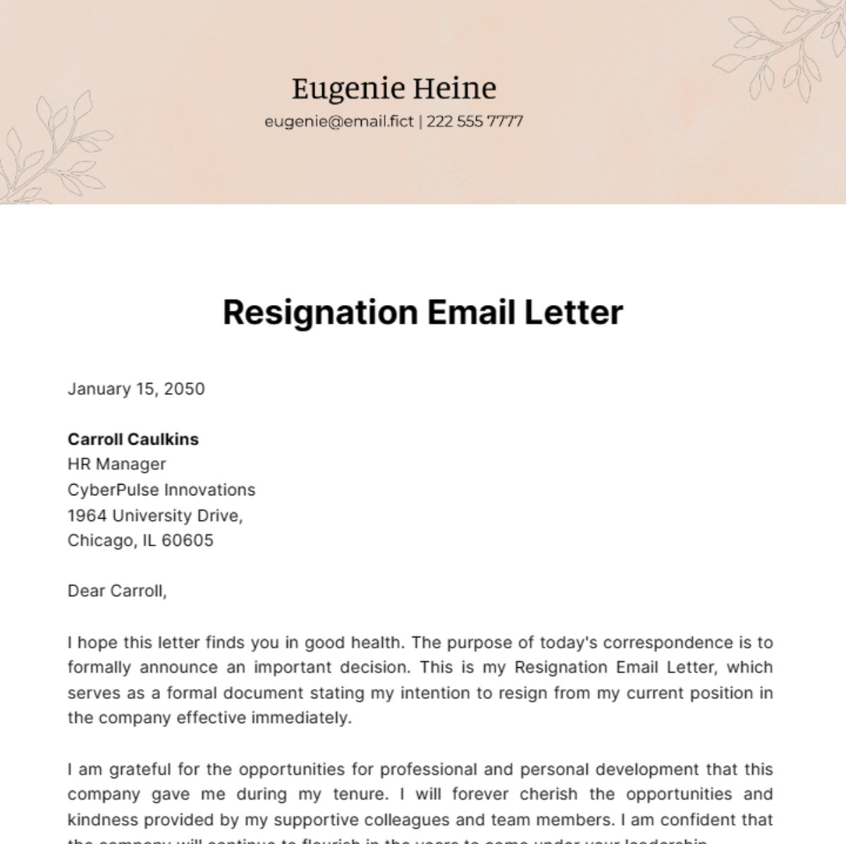 Resignation Email Letter Template