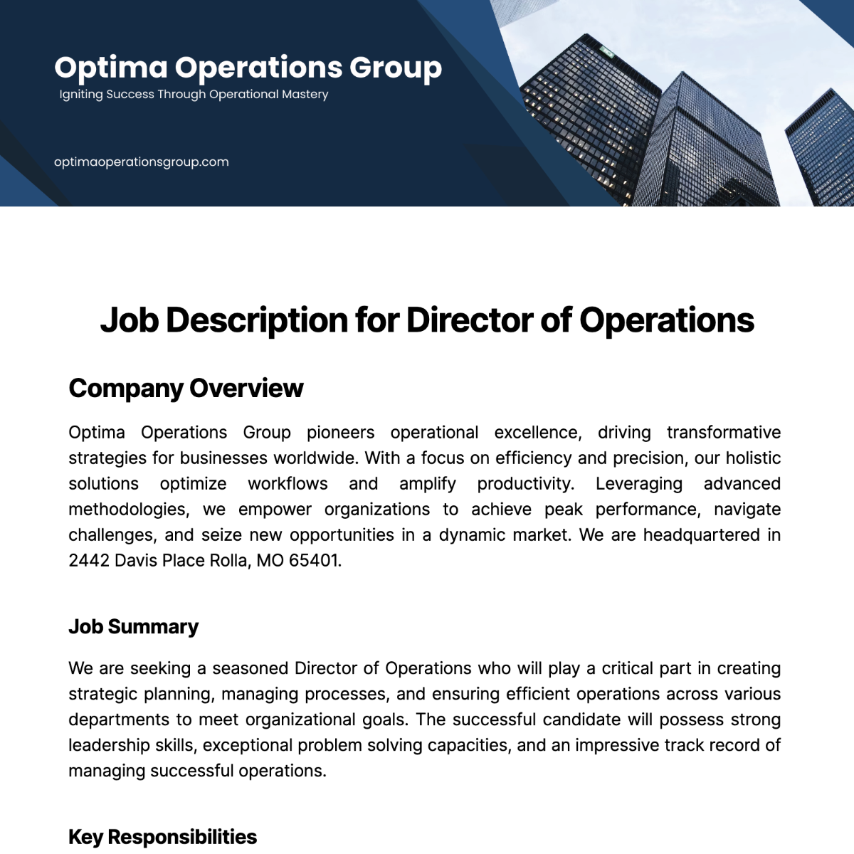 Job Description for Director of Operations Template