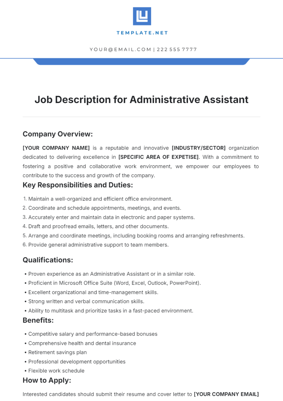 Job Description for Administrative Assistant Template