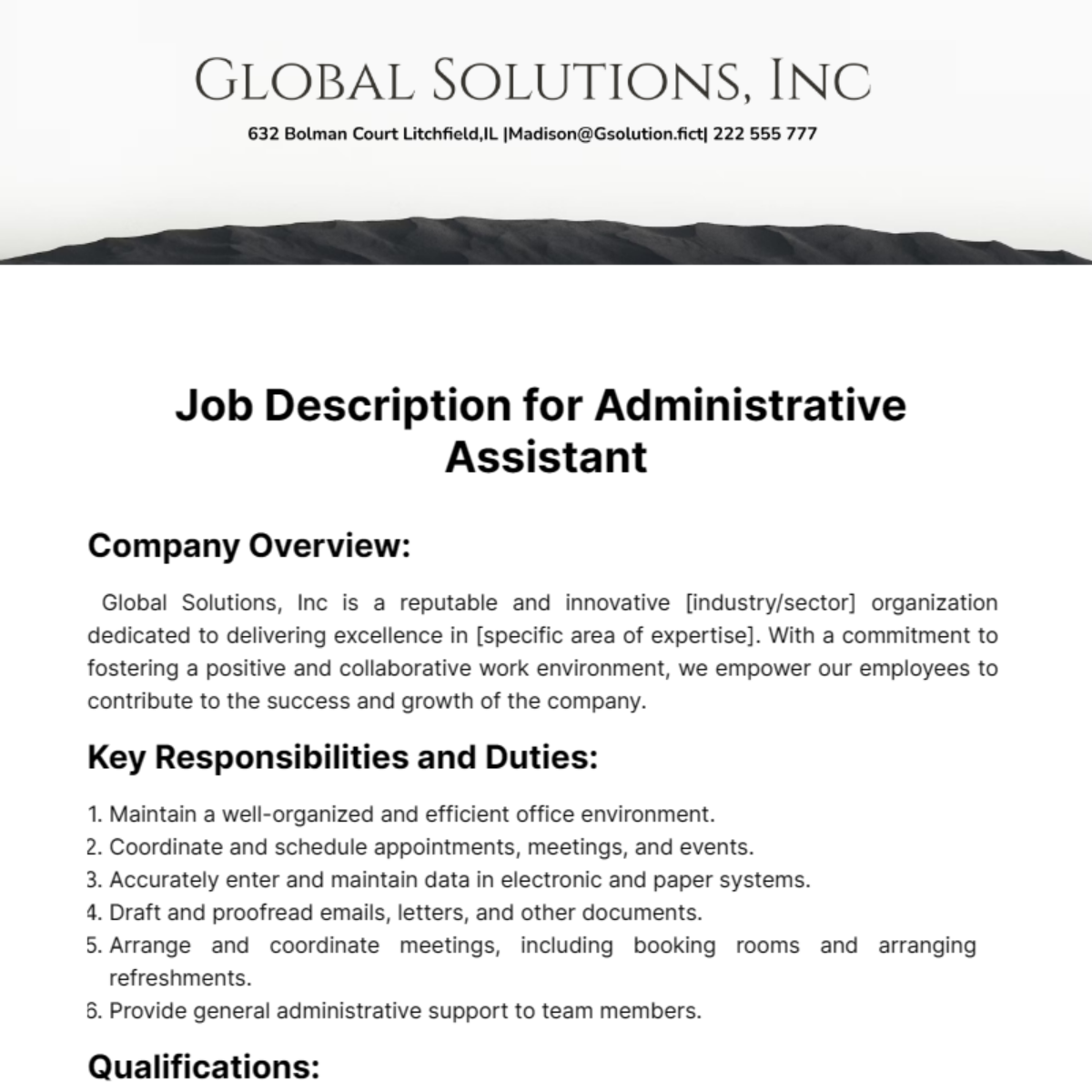 Job Description for Administrative Assistant Template