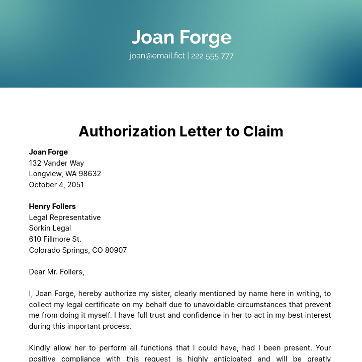Free Authorization Letter to Claim Template
