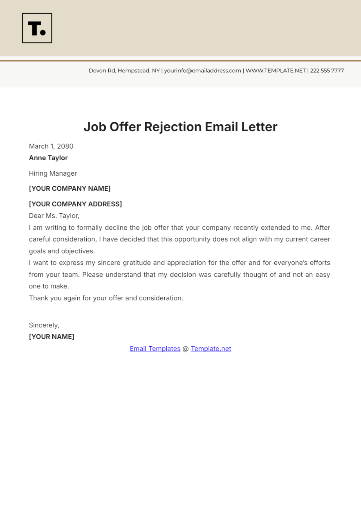 Job Offer Rejection Email Letter Template