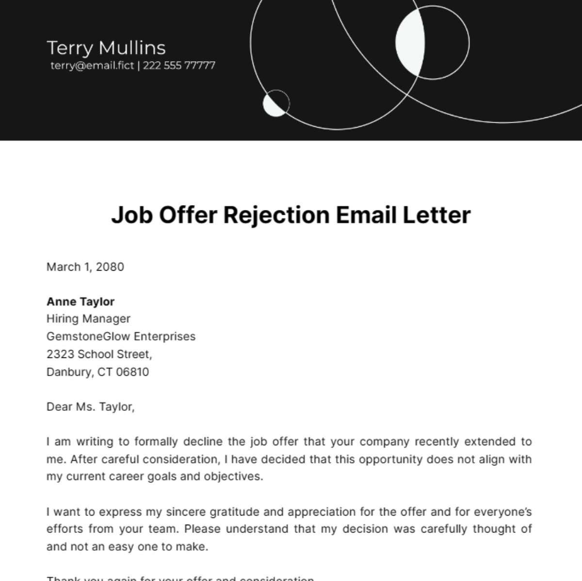 Job Offer Rejection Email Letter Template
