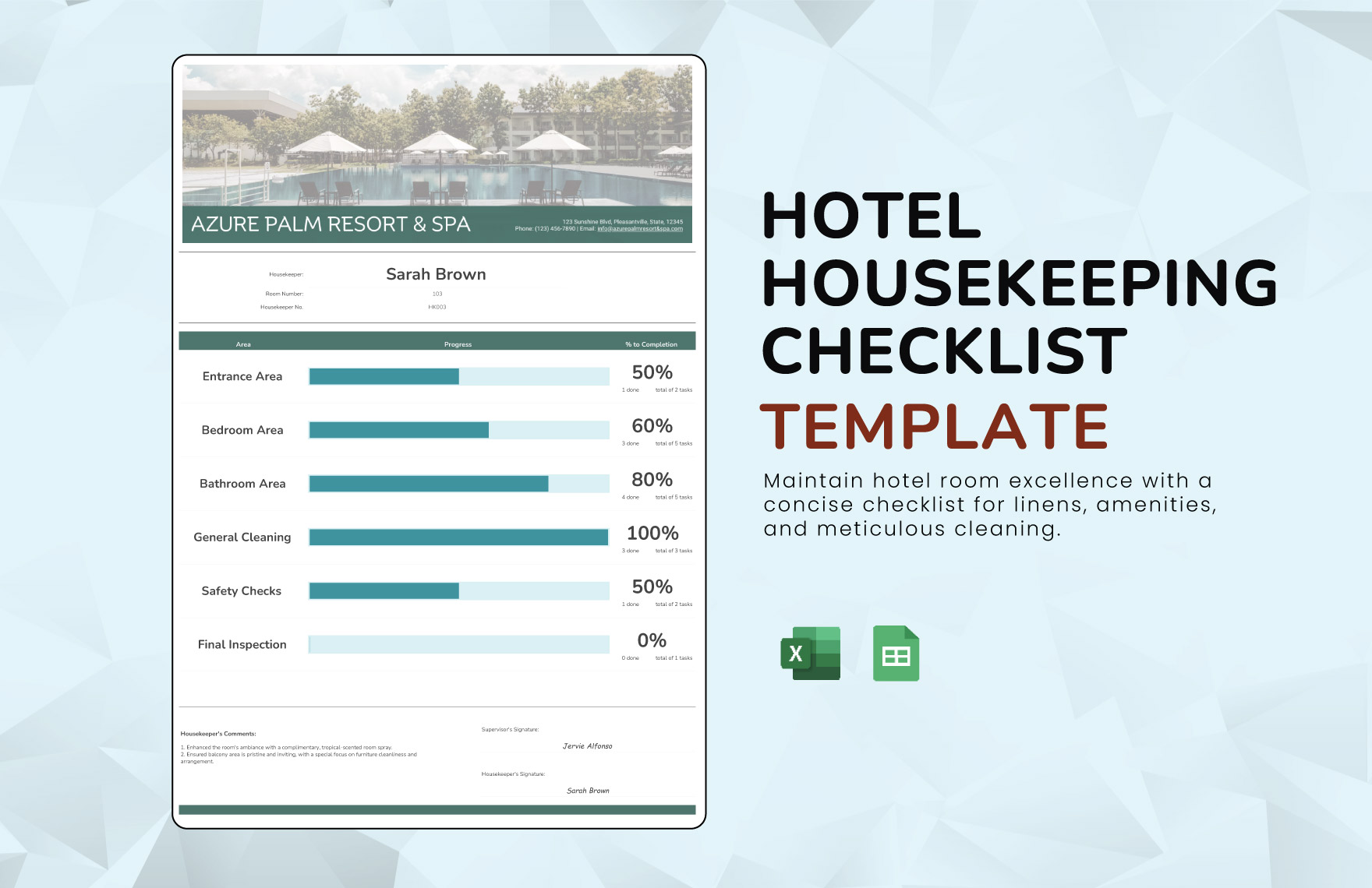 Hotel Housekeeping Checklist Template in Google Sheets, Excel - Download | Template.net