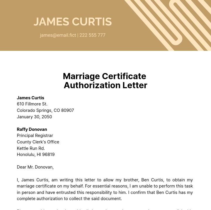 Free Marriage Certificate Authorization Letter Template