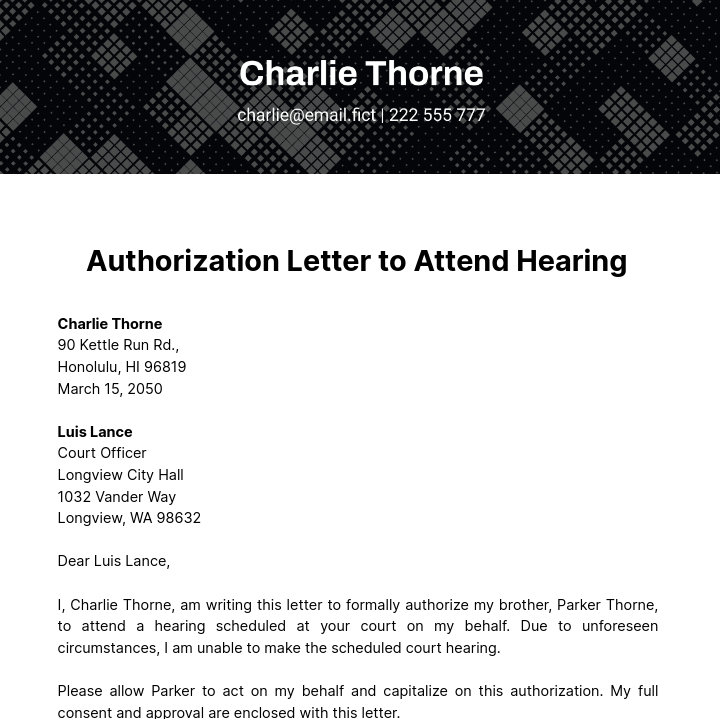 Authorization Letter to Attend Hearing Template