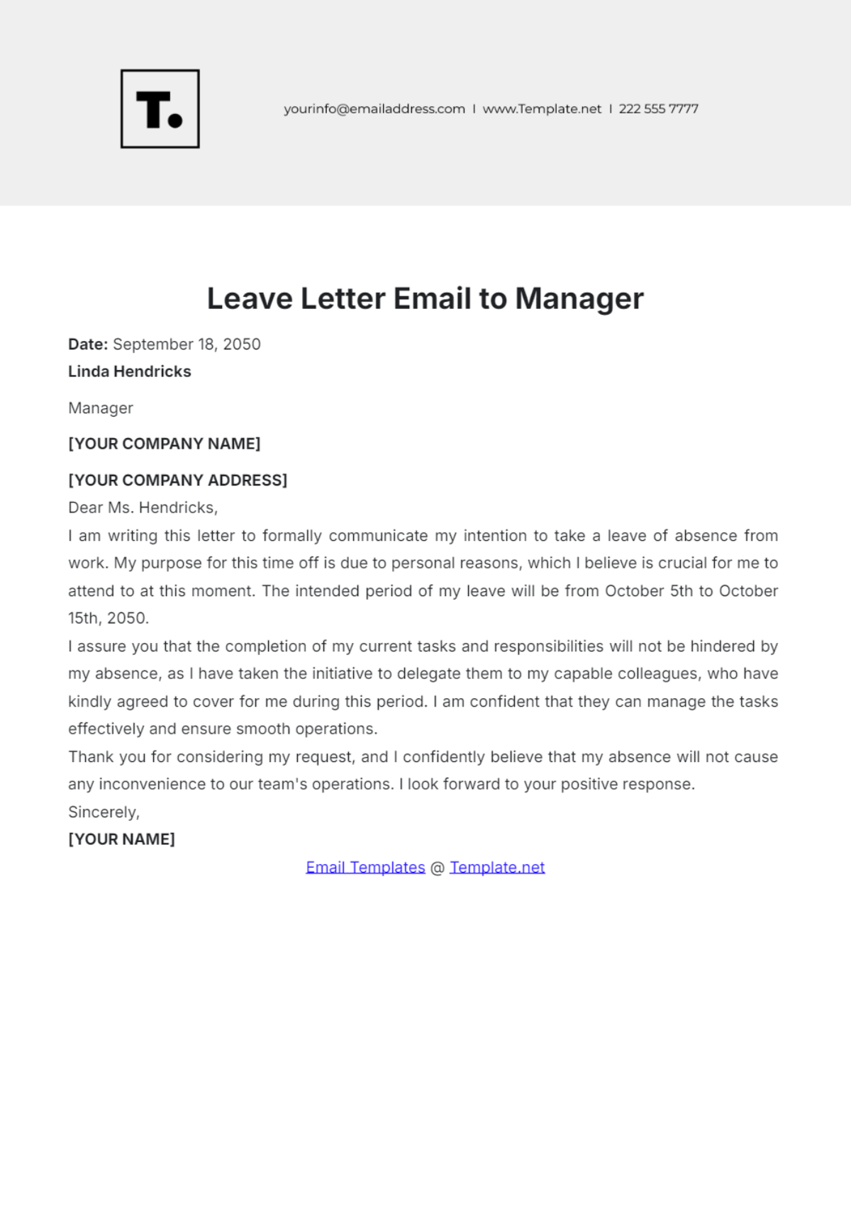 Leave Letter Email to Manager Template