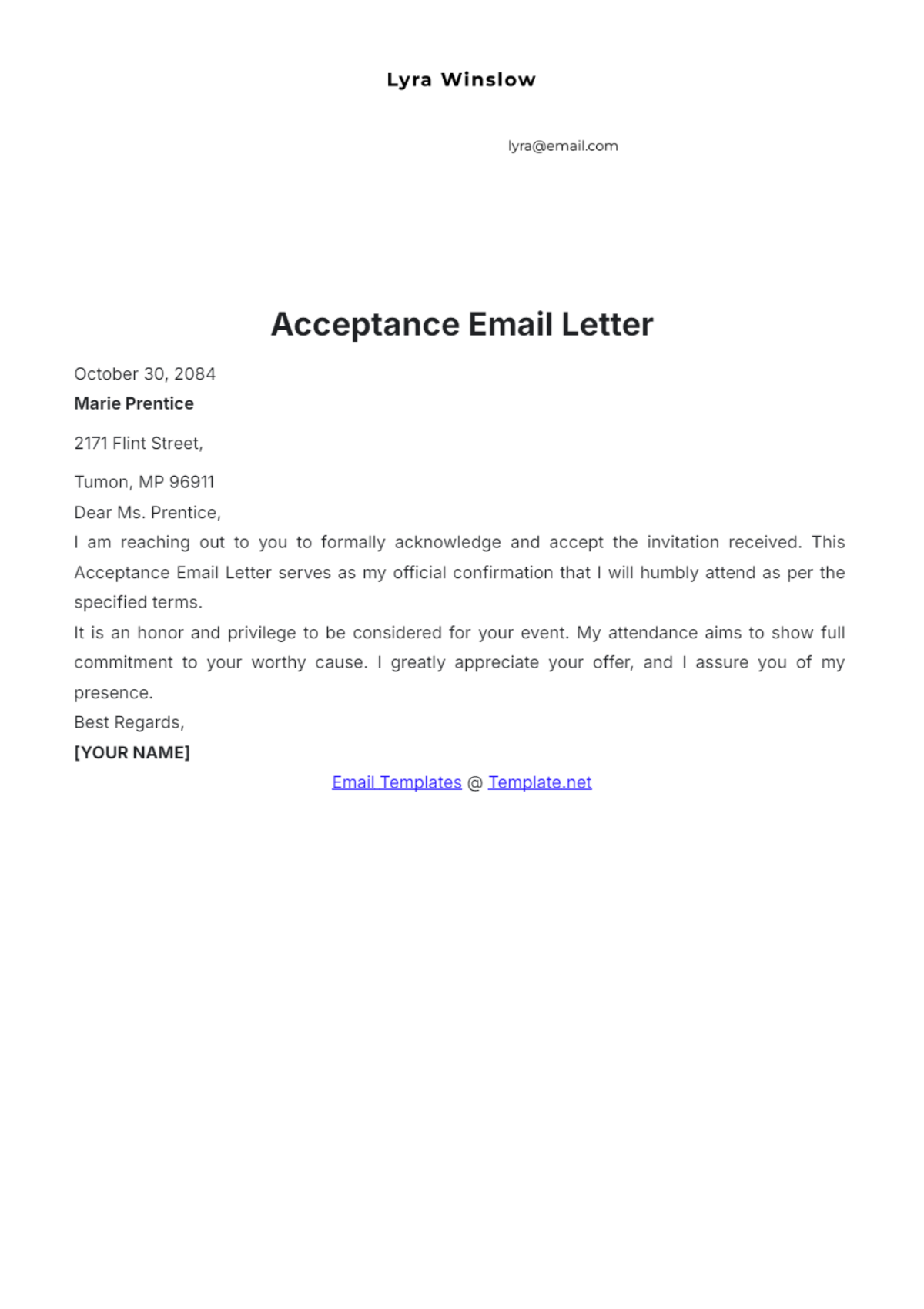 Acceptance Email Letter Template