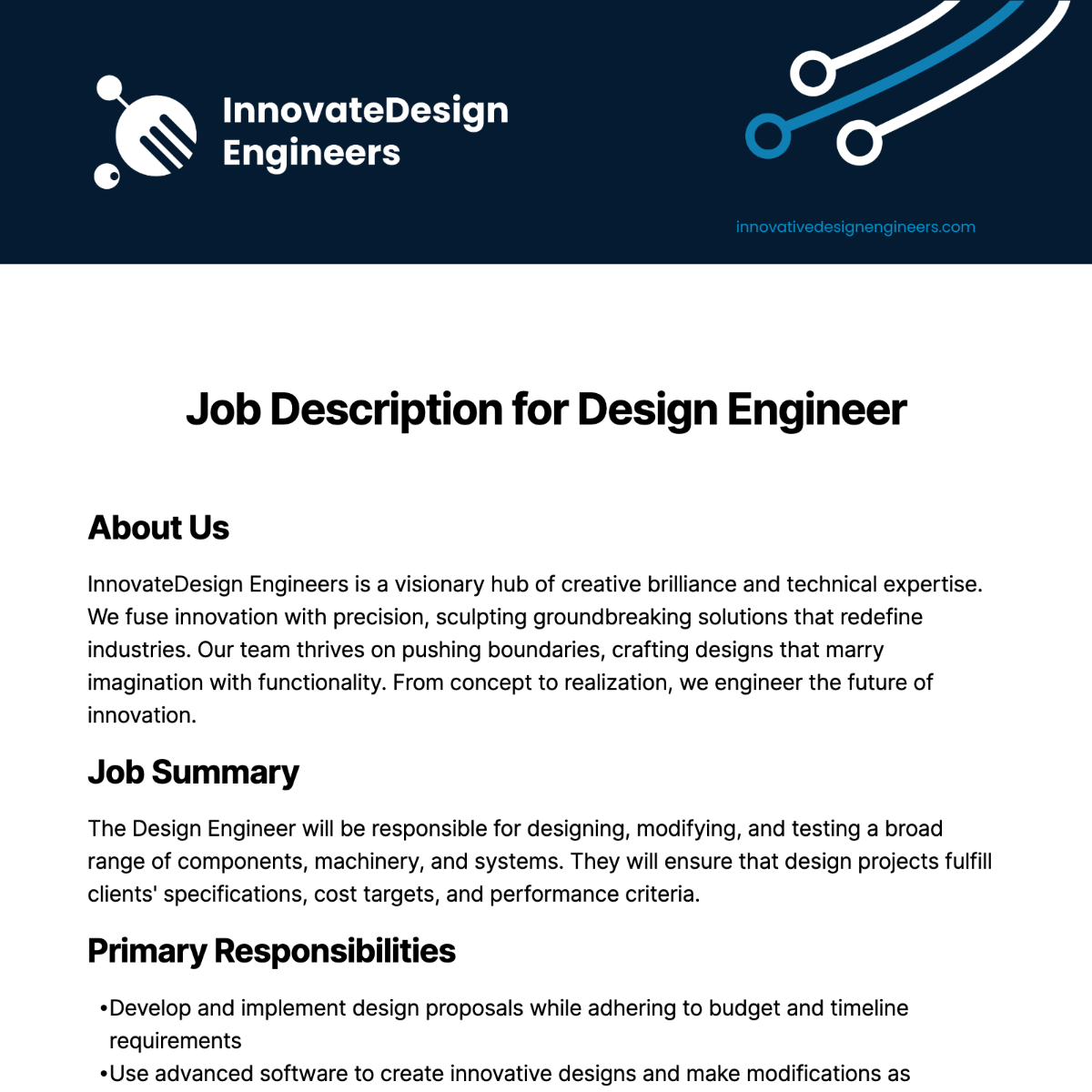 Job Description for Design Engineer Template