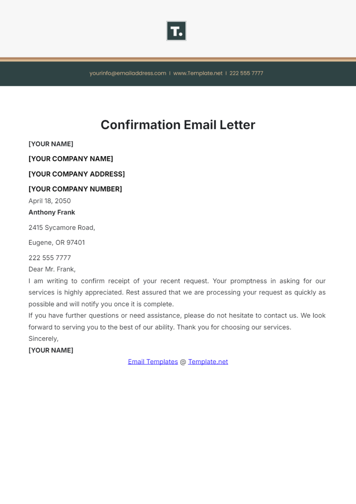 Confirmation Email Letter Template