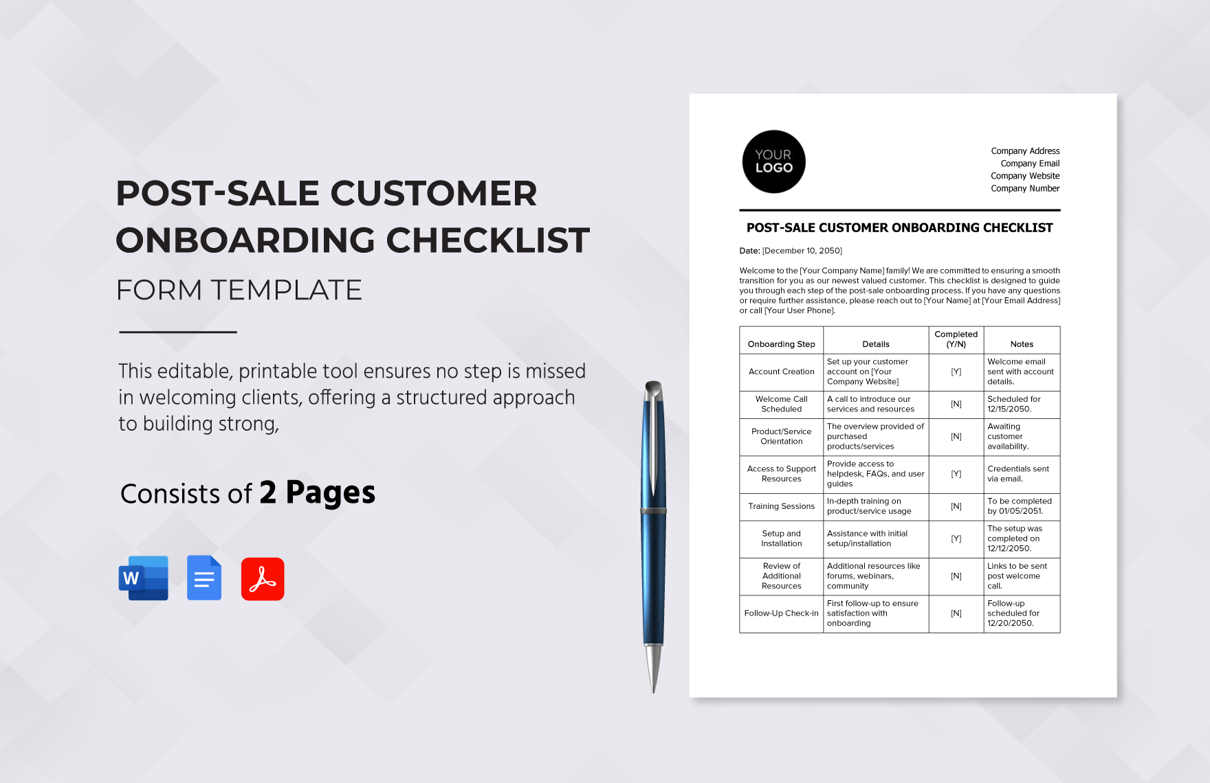 Post-Sale Customer Onboarding Checklist Template in Word, Google Docs, PDF