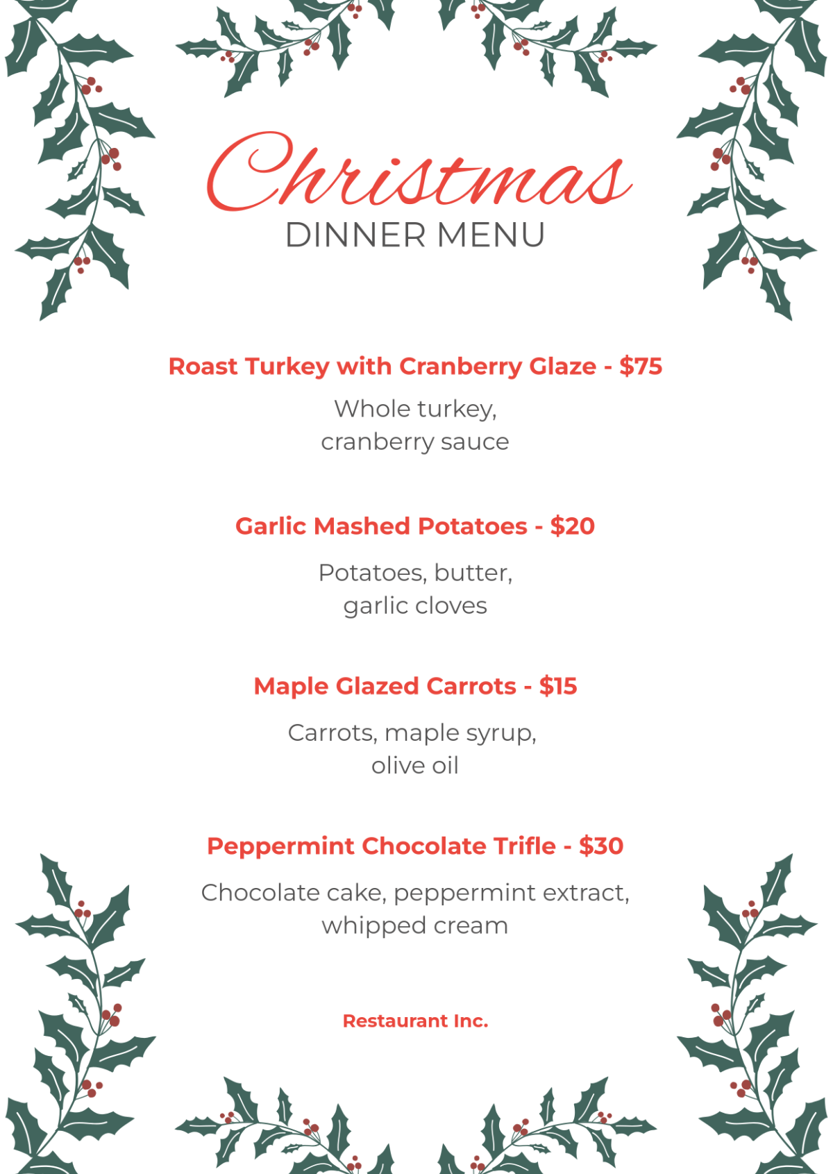 Christmas Dinner Menu Template - Edit Online & Download