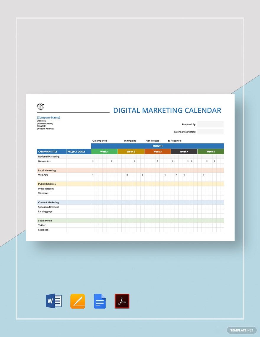 Digital Marketing Calendar Template in Google Docs, Word, Pages, PDF
