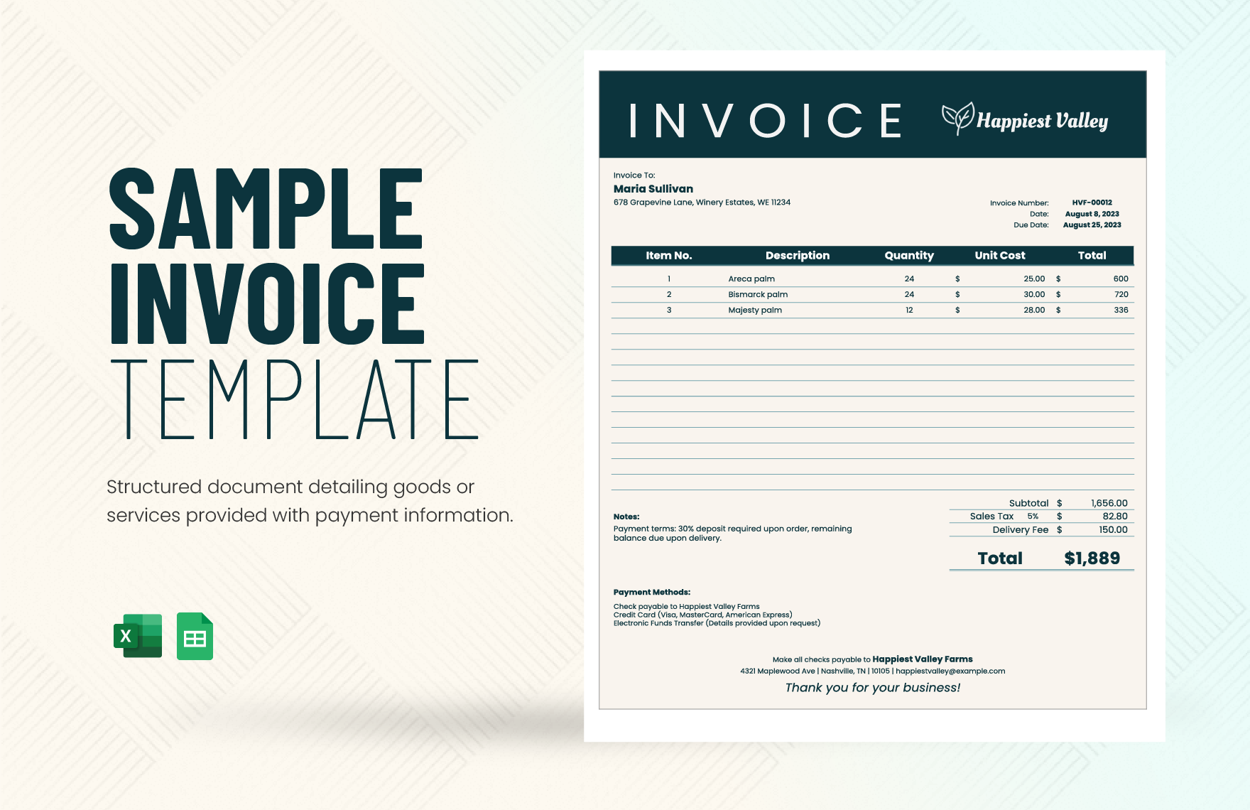 Sample Invoice Template in Excel, Google Sheets - Download | Template.net