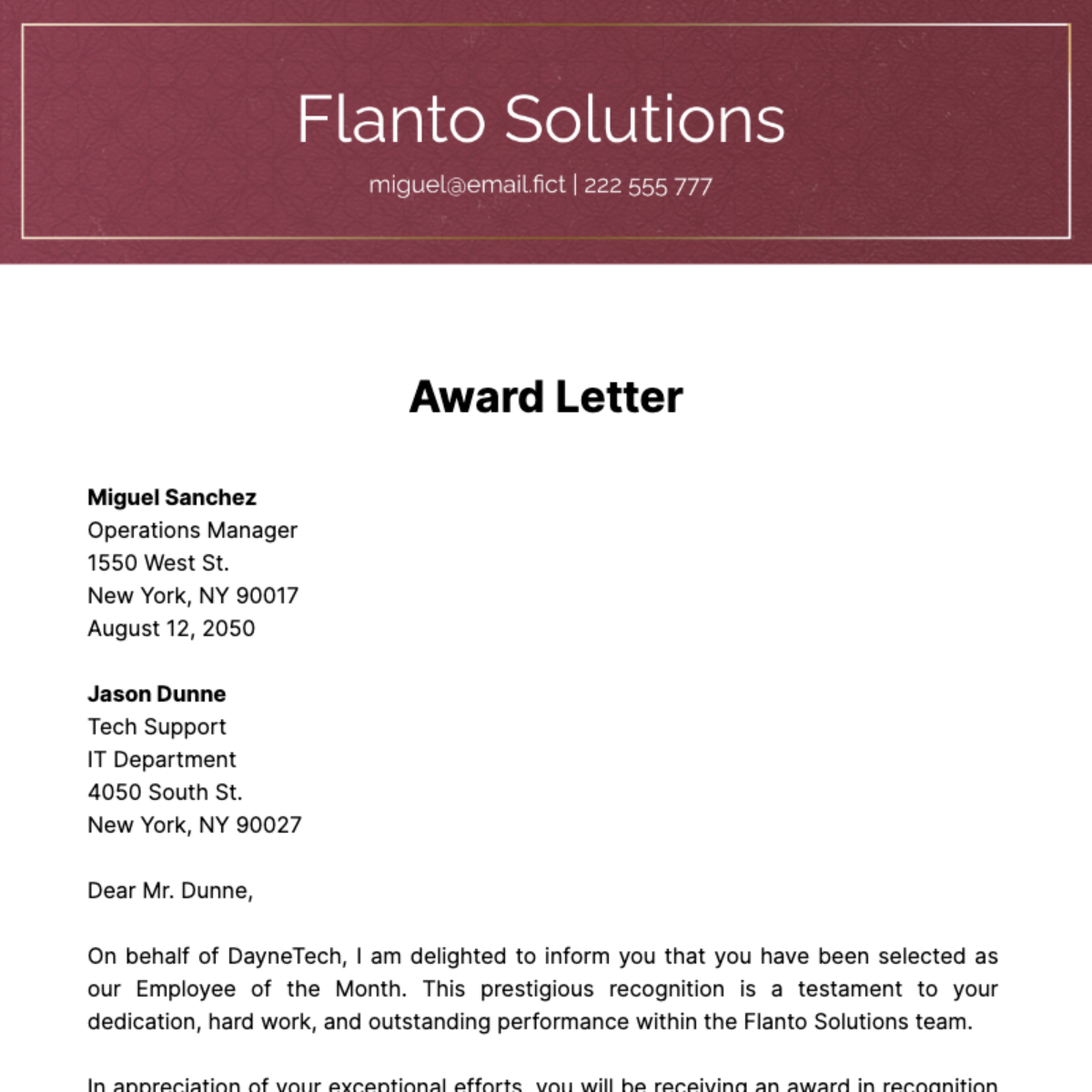 Award Letter Template