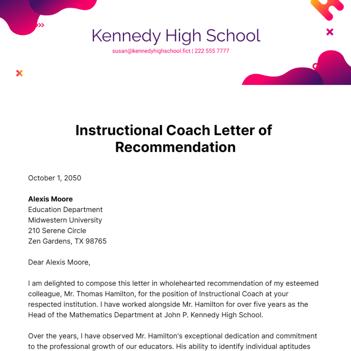 Free Instructional Coach Letter of Recommendation Template