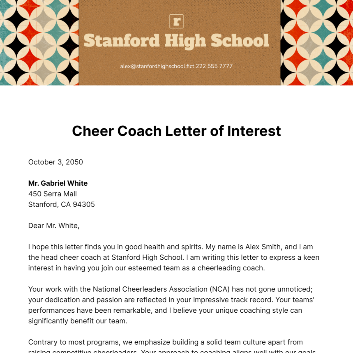 Cheer Coach Letter of Interest   Template