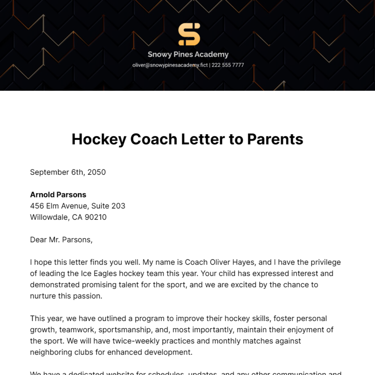 Hockey Coach Letter to Parents Template