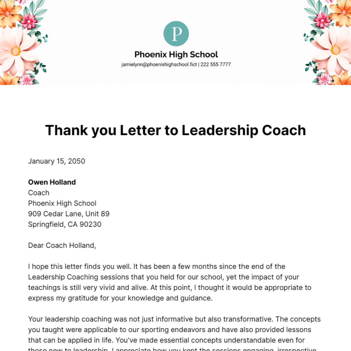 Thank you Letter to Leadership Coach Template