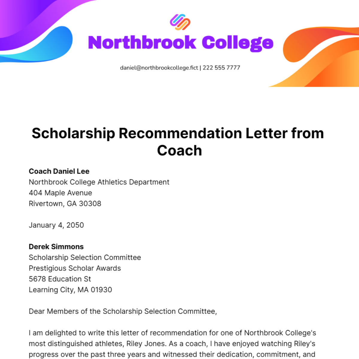 Scholarship Recommendation Letter from Coach Template