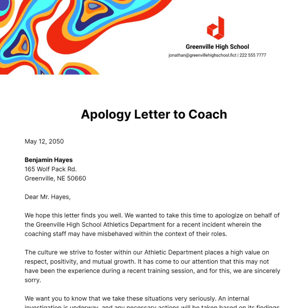 Free Apology Letter to Coach Template
