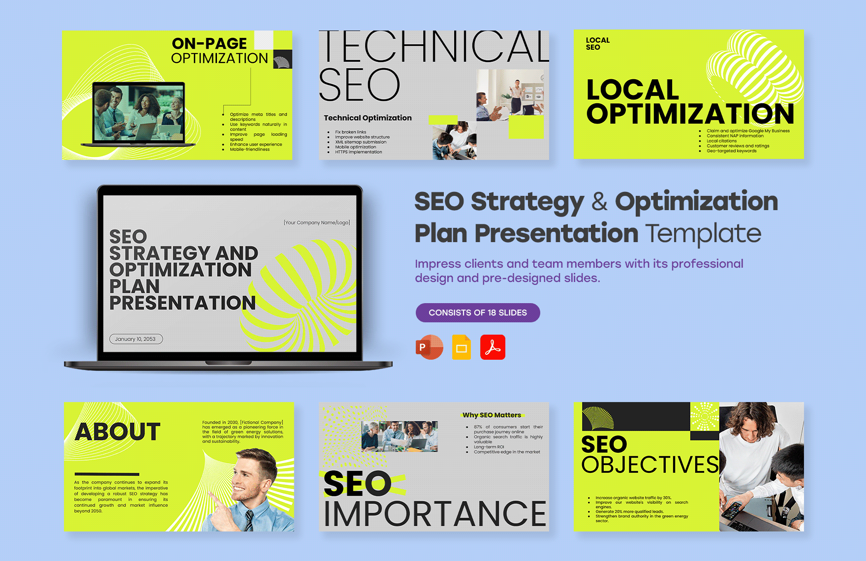 SEO Strategy and Optimization Plan Presentation Template in PDF, PowerPoint, Google Slides