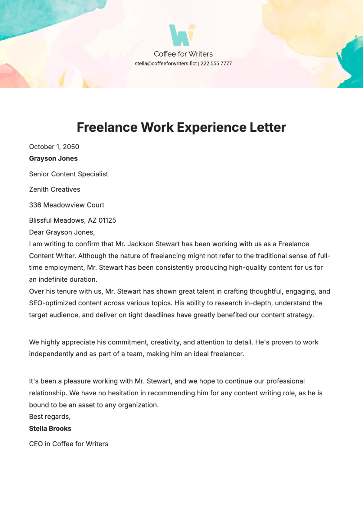 Freelance Work Experience Letter Template - Edit Online & Download