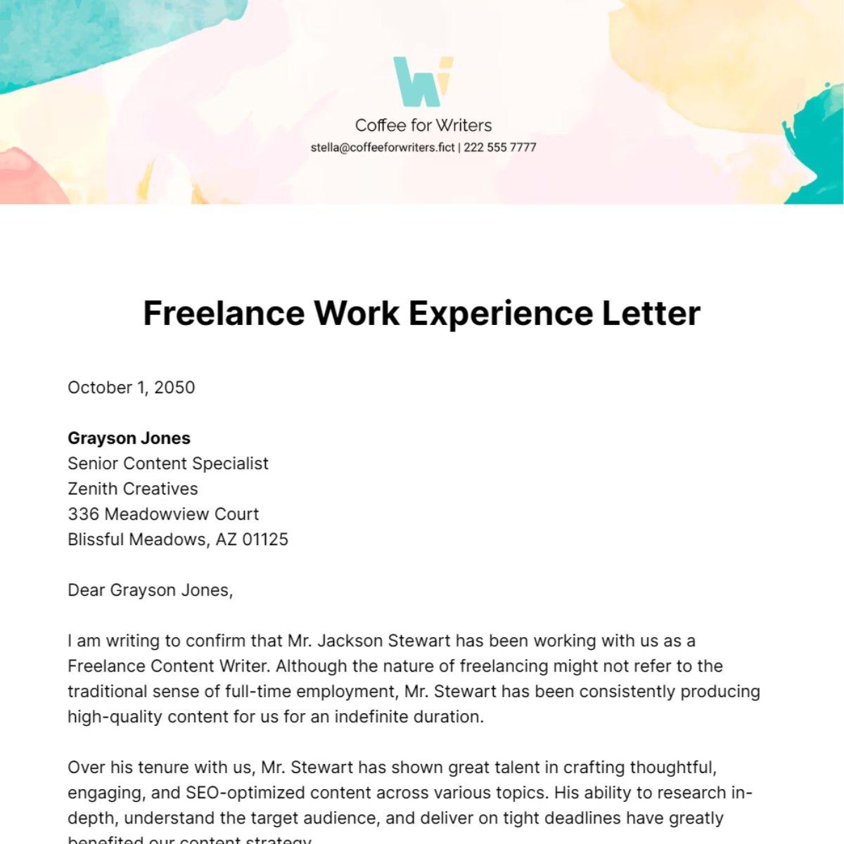 Freelance Work Experience Letter Template