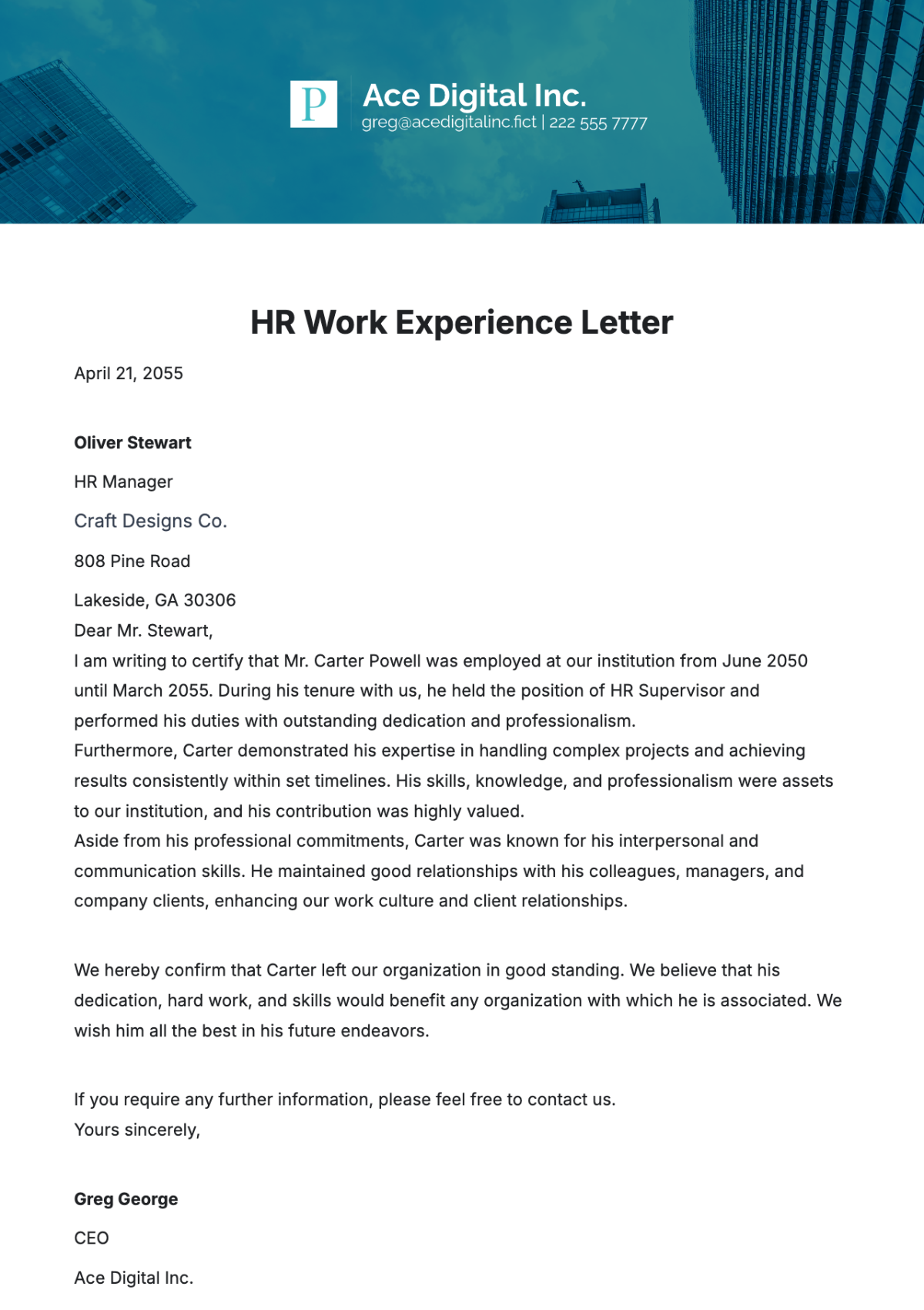 HR Work Experience Letter Template - Edit Online & Download