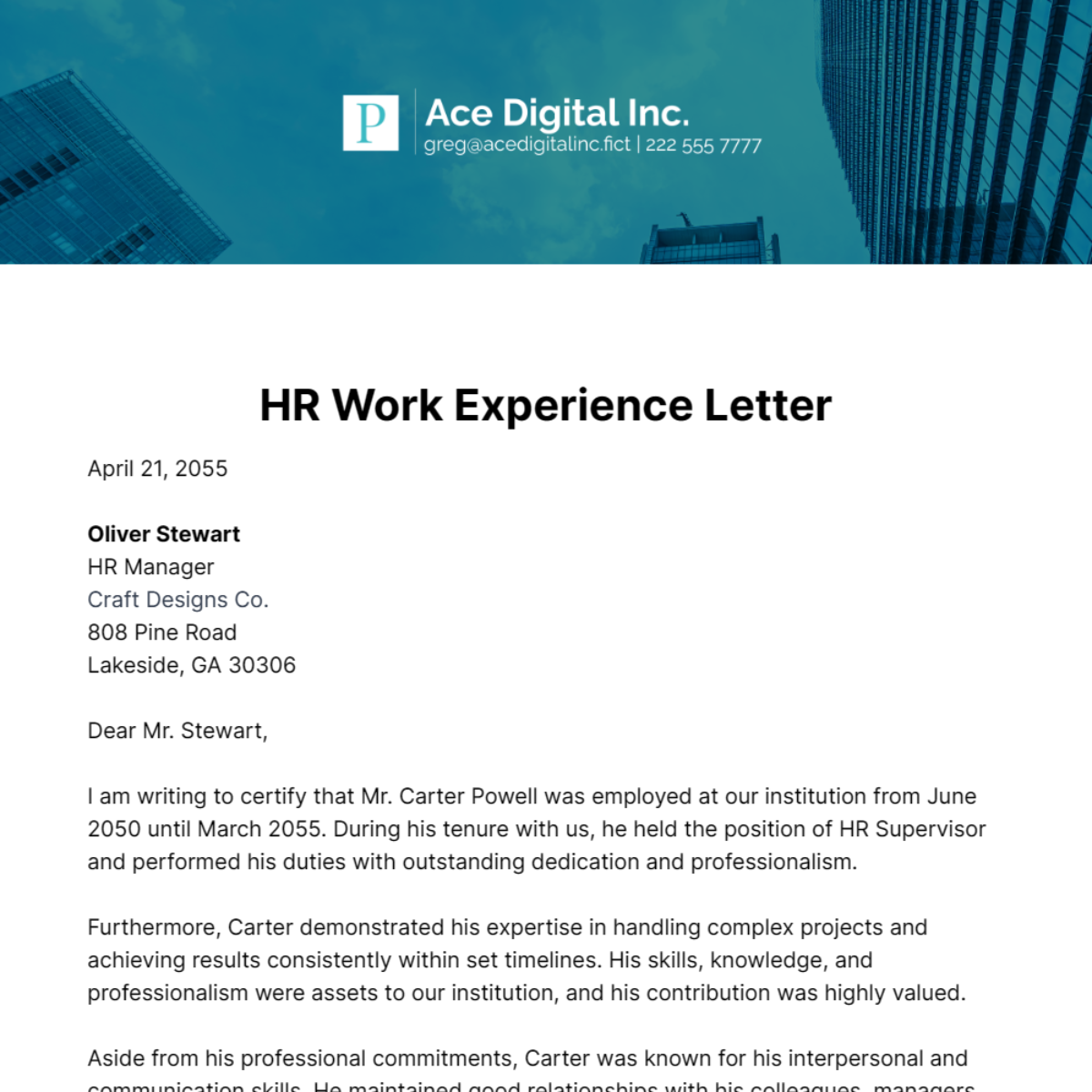 HR Work Experience Letter Template