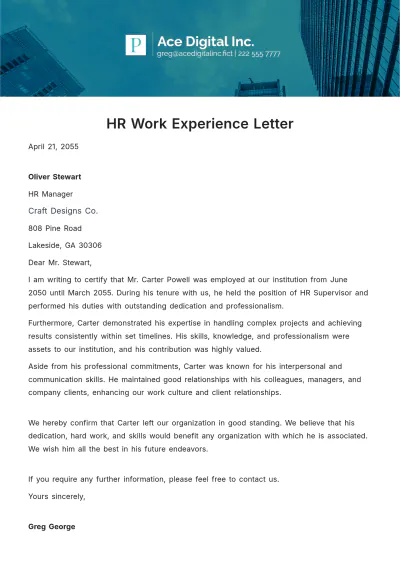 Free HR Work Experience Letter Template to Edit Online
