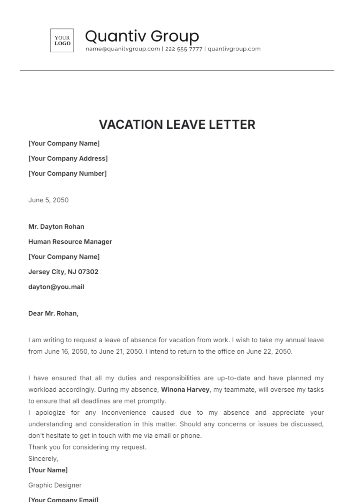 Vacation Leave Letter Template