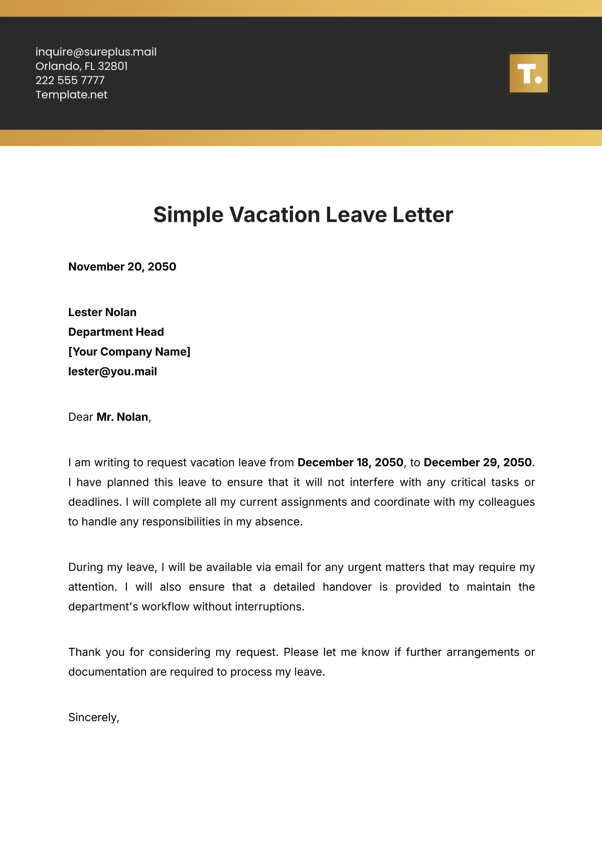 Simple Vacation Leave Letter Template - Edit Online & Download