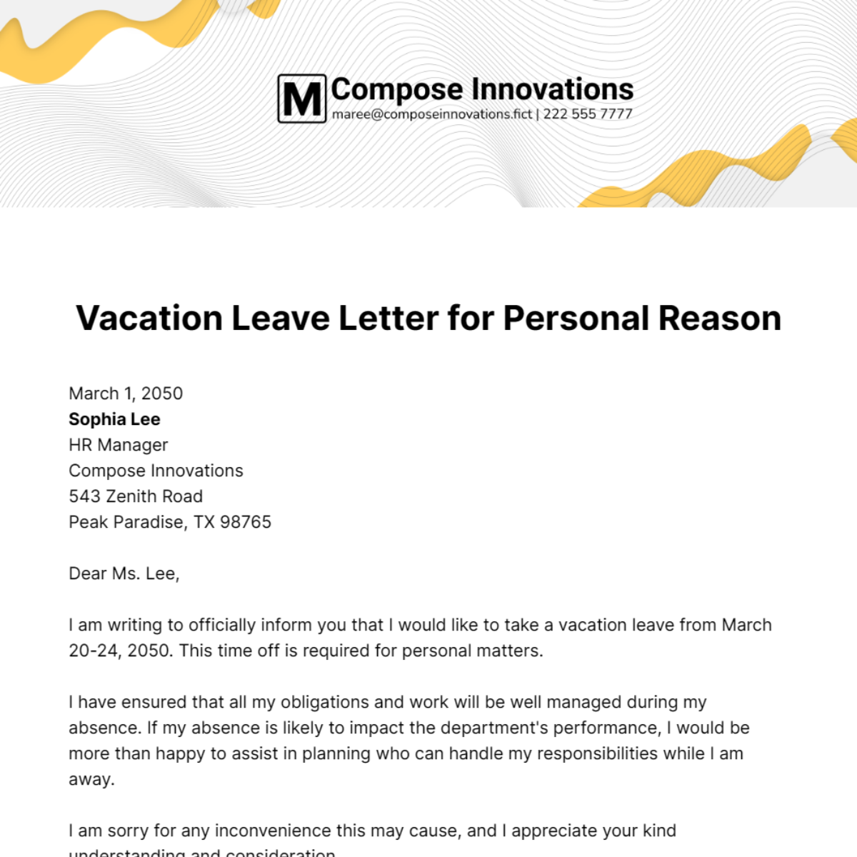 Vacation Leave Letter for Personal Reason Template