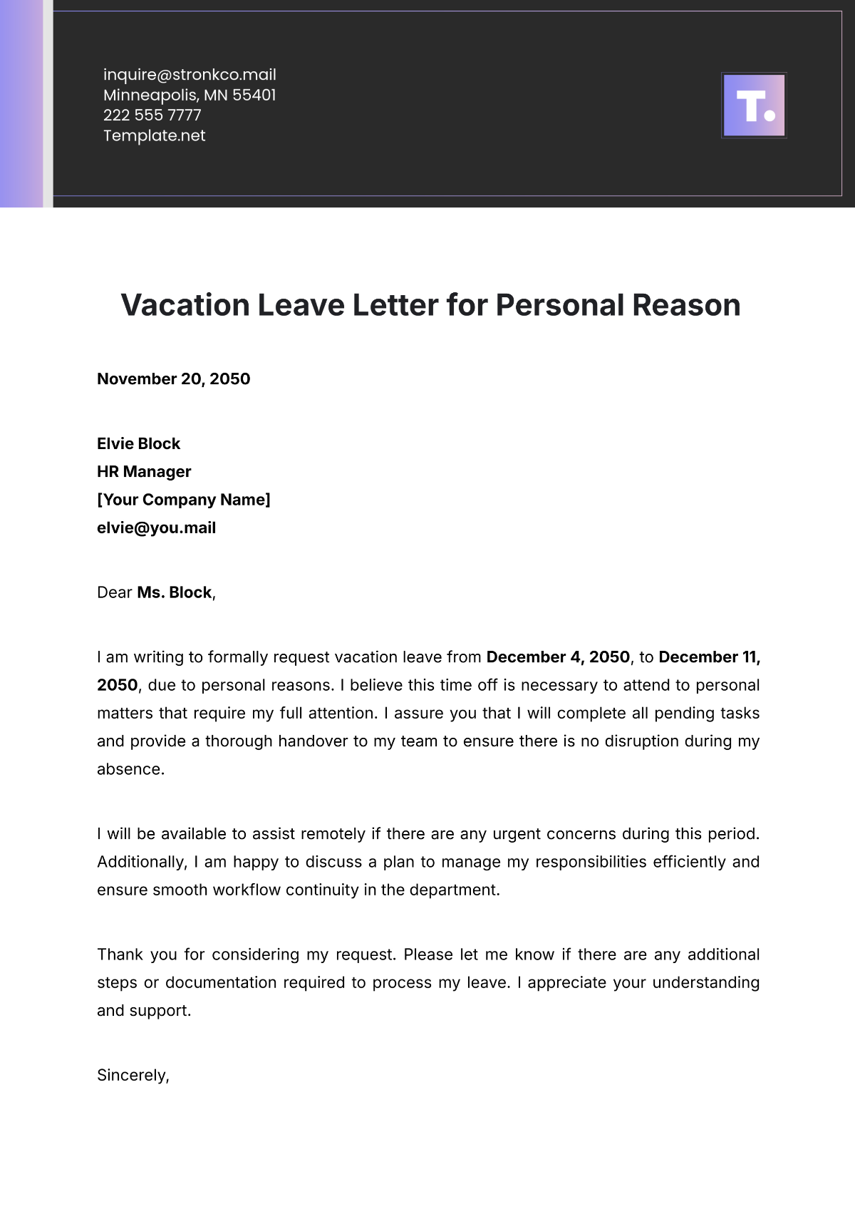 Vacation Leave Letter for Personal Reason Template - Edit Online & Download