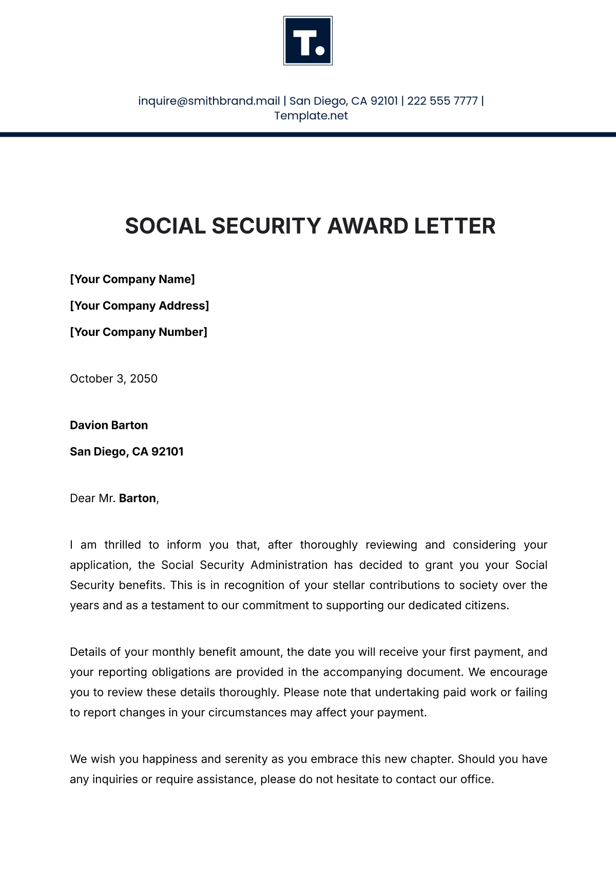 Social Security Award Letter Template - Edit Online & Download