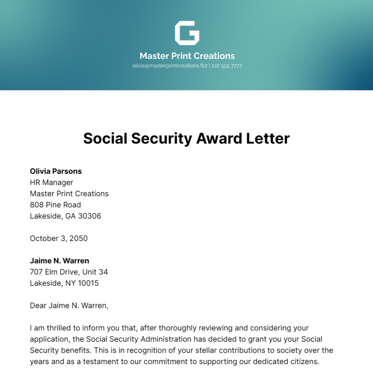 Social Security Award Letter Template